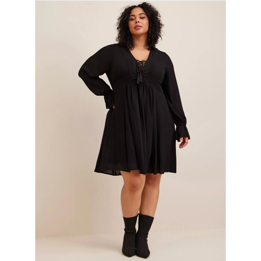 Torrid Gauze Blouson Skater Dress Womens 1X Black Lace Boho Goth Cottagecore